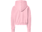 Vue arrière d'un sweat à capuche rose avec capuche et poignets côtelés.