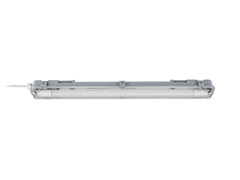 Luminaire LED gris clair avec couvercle transparent et câble blanc.