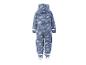 Combinaison de pluie bleue pour enfant avec capuche et motif de véhicules.