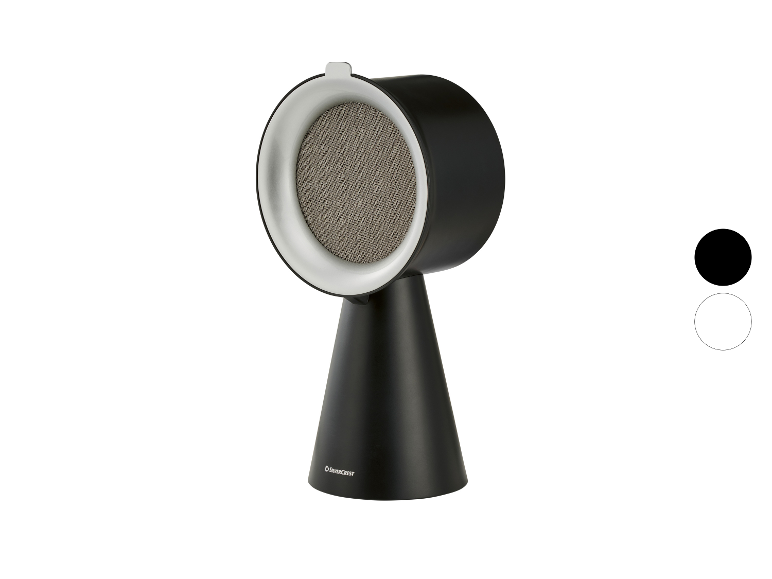 Ventilateur de table noir avec bord blanc et grille grise