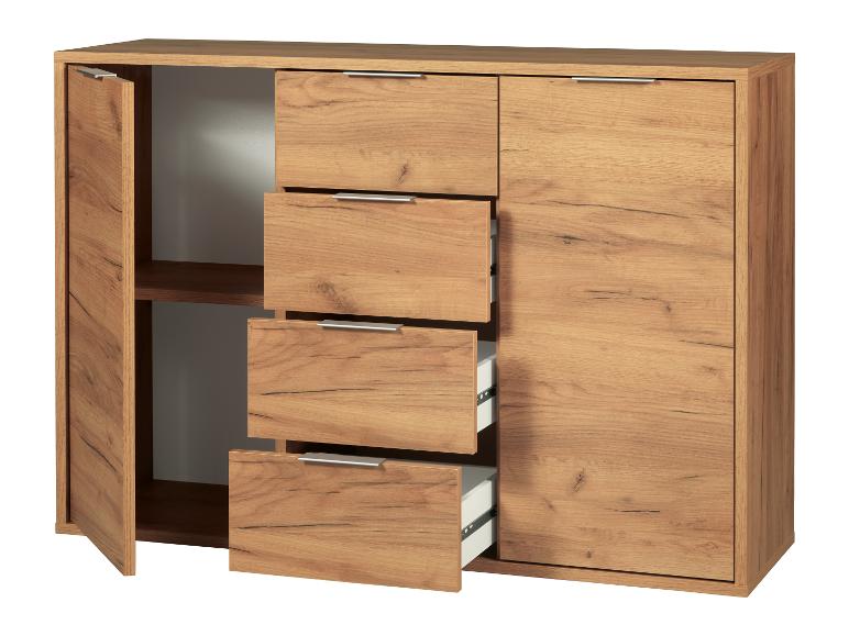 Une armoire en bois avec trois tiroirs et deux portes.