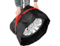Sac de pneu noir avec une sangle rouge, manipulé par une personne.
