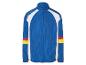 Veste de survêtement bleue à bandes colorées.