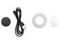 Câble USB, éponge ronde, brosse et tampon de ponçage rond noir.