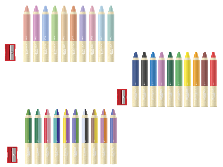 Crayons Crelando 3 en 1, assortiment de couleurs pastel et vives, avec taille-crayon.