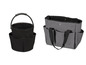 Un seau noir avec une poignée et un sac gris à plusieurs poches.