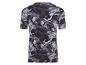 Un t-shirt noir avec un motif de camouflage gris abstrait.