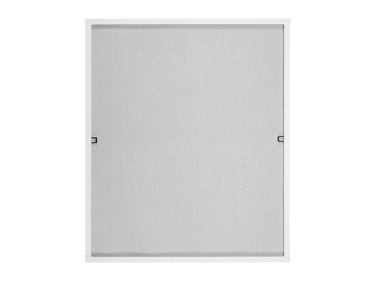 Moustiquaire rectangulaire blanche avec maille fine et deux poignées noires sur les côtés.