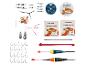 Kit de pêche avec hameçons, ligne, plombs, flotteurs et accessoires.