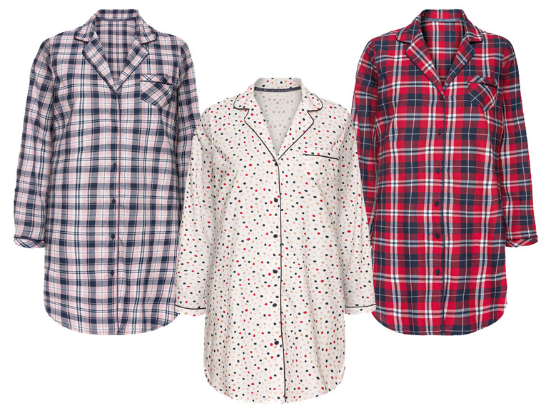 Trois chemises de nuit pour femmes avec des carreaux, des pois et un motif uni.