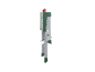Escabeau pliant avec cadre vert et poignée rouge, vue latérale.
