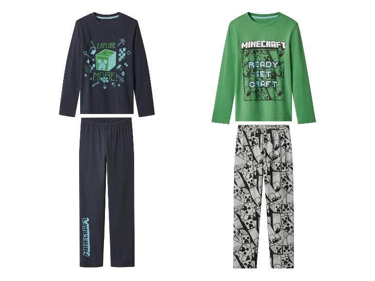 Deux pyjamas Minecraft pour garçons : un bleu marine avec « EXPLORE MORE ! » et un vert avec « READY SET CRAFT ».