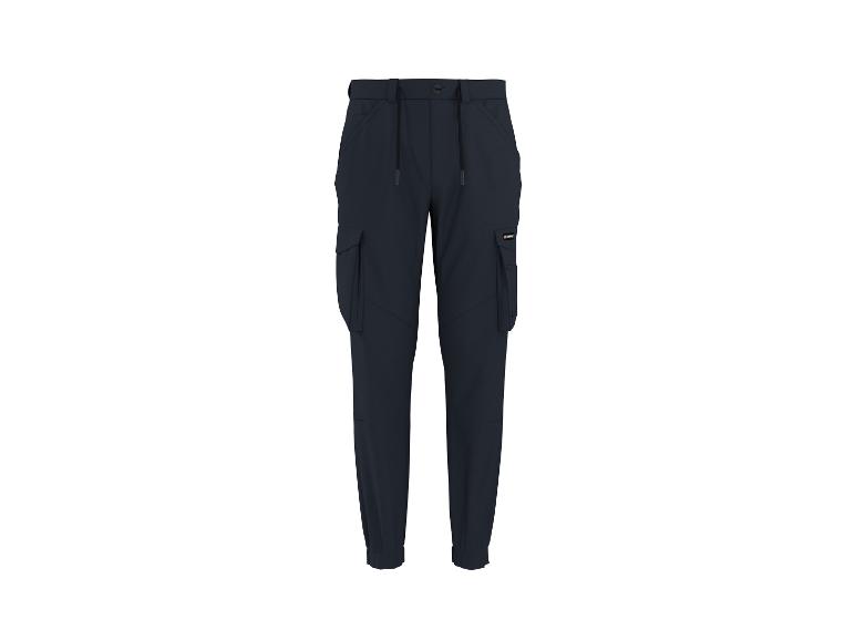 Pantalon cargo bleu foncé avec cordon de serrage à la taille et poches latérales.