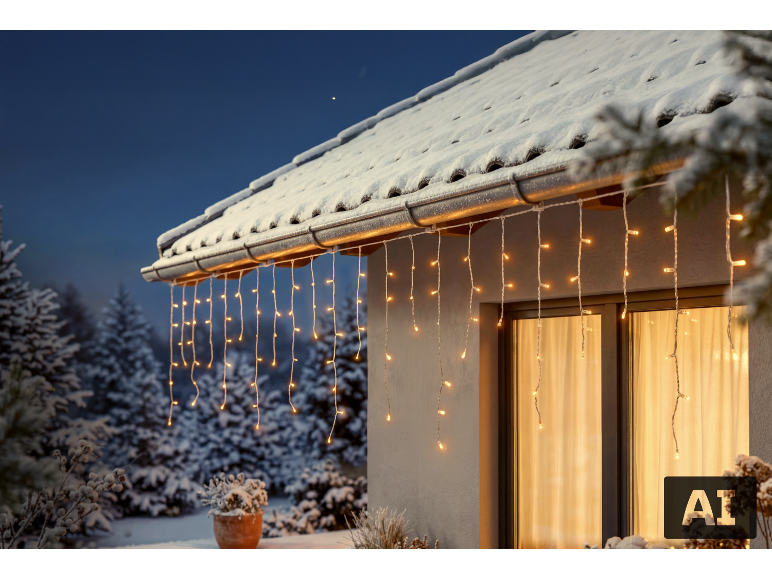 Guirlande lumineuse de Noël LED style stalactites sur une maison enneigée.