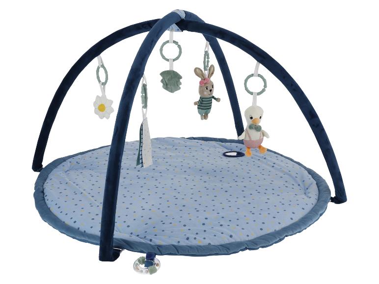 Tapis d'éveil bleu pour bébé avec arches et jouets suspendus lapin et canard.