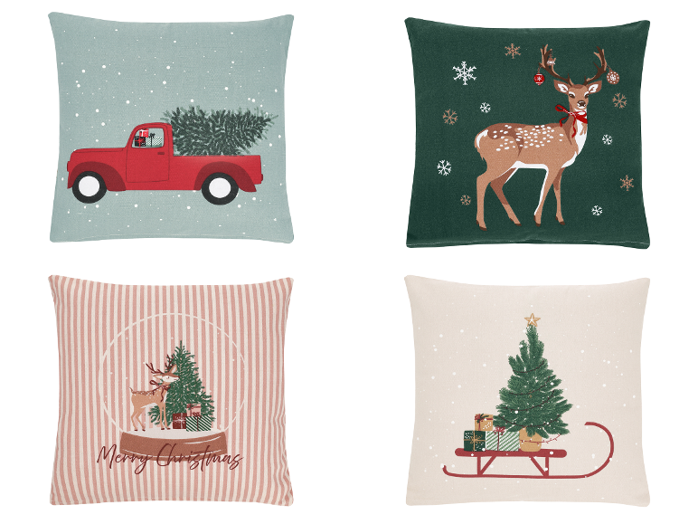 LIVARNO® Coussins décoratifs avec motifs de Noël: camion, cerf, boule à neige, traîneau.