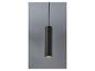 Lampe suspendue noire avec abat-jour cylindrique.