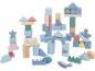 Blocs de construction en bois colorés sur le thème de l'océan, incluant des animaux comme la pieuvre, le crabe et la baleine.