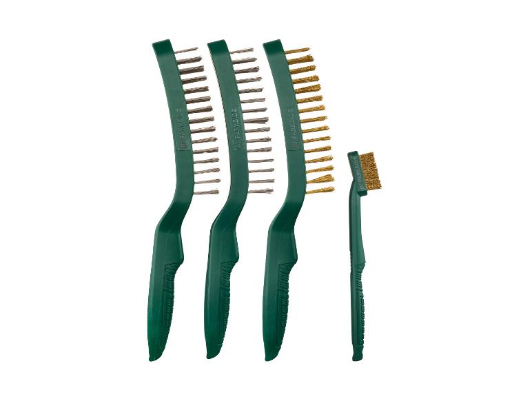 Ensemble de brosses Parkside : trois brosses métalliques courbes et une petite brosse en laiton.