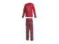 Haut de pyjama rouge à manches longues avec imprimé 'Let's have breakfast' et pantalon de pyjama à carreaux rouges.