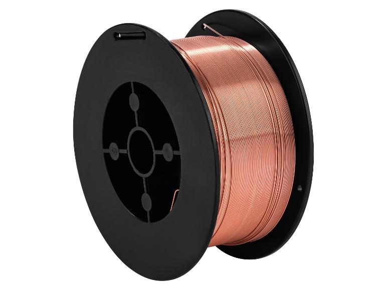 Bobine de fil de soudure cuivre sur support noir.