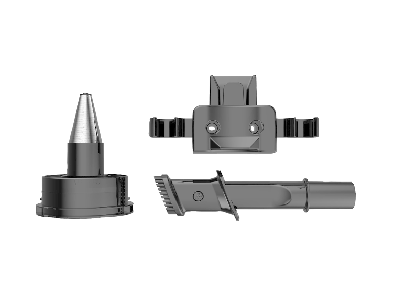 Trois accessoires d'aspirateur noirs, dont un filtre, un support mural et un suceur plat