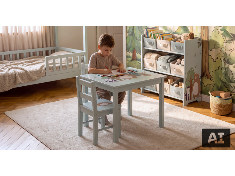 Garçon dessinant à une table d'enfant avec chaise dans une chambre avec lit et étagère à jouets.