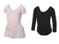 Justaucorps de danse rose et noir pour filles; le rose a une jupe tutu.