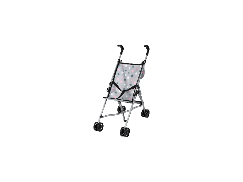 Poussette pour poupée BAYER DESIGN grise avec motif d'étoiles roses et grises.