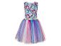 Une robe avec une jupe en tulle arc-en-ciel et un imprimé licorne.