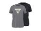 Deux t-shirts de sport à manches courtes, un gris avec un motif de montagne et un noir.