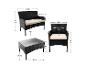 Ensemble de mobilier de jardin en rotin noir avec canapé deux places, fauteuil et table basse, avec dimensions.