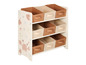 Un étagère en bois blanc avec six paniers de rangement en toile beige et marron avec des poignées.