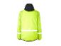 Veste de sport jaune fluo avec capuche noire et bandes réfléchissantes, vue de dos.