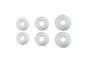 Six bonbons blancs en forme d'anneau disposés en deux rangées sur fond blanc.
