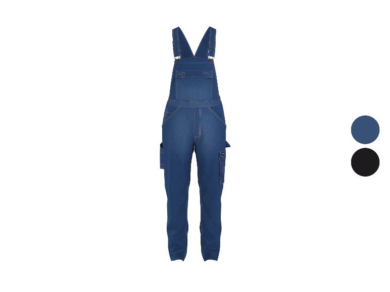 Salopette en jean bleu avec plusieurs poches, présentée avec des options de couleur.
