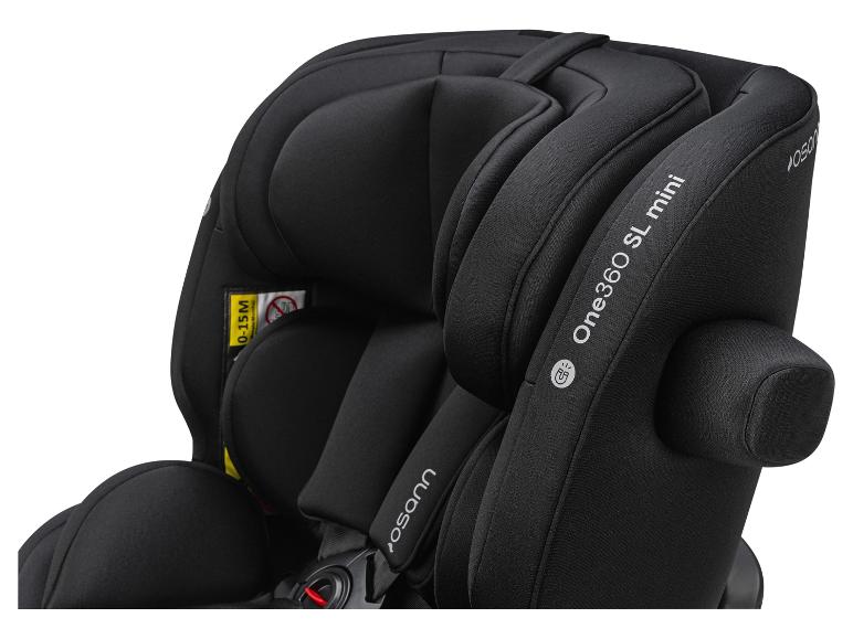 Siège auto noir pour bébé avec inscription « One360 SL mini » et étiquette « 0-15M »