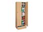 Armoire en bois avec étagères ouvertes remplies de classeurs et de livres, dont 'MODERN' et 'ARCHITECTURE'.