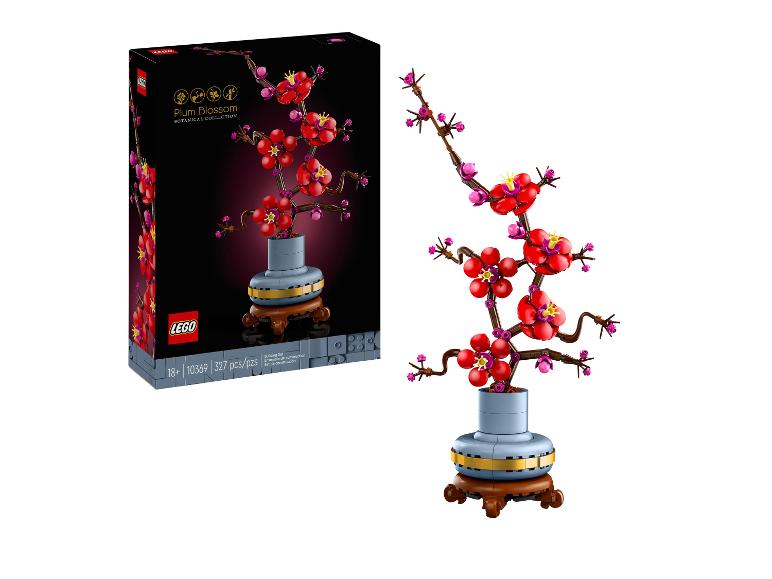 Ensemble LEGO Collection Botanique Fleur de Prunier avec 327 pièces, boîte et modèle assemblé.