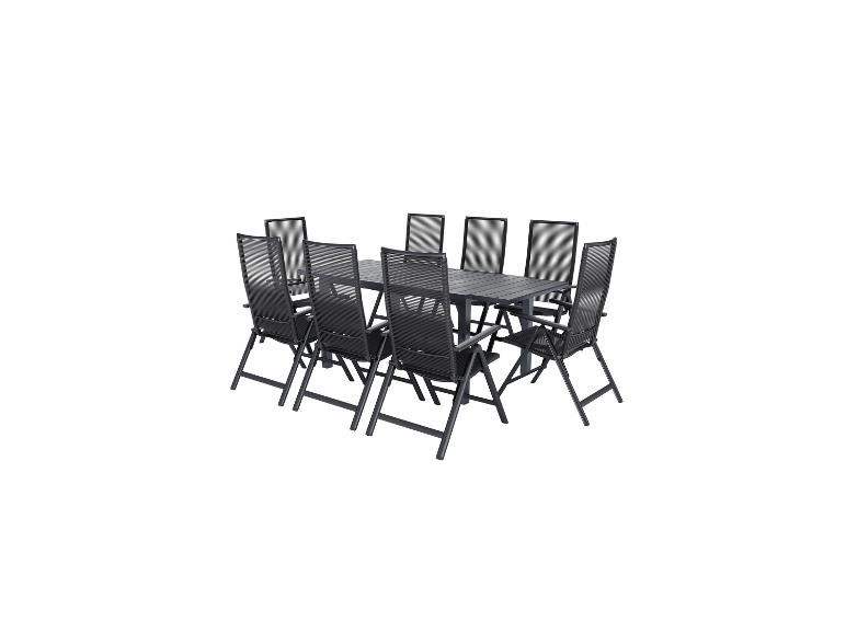 Ensemble de jardin avec une table noire et huit chaises en maille