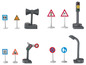 Un ensemble de panneaux de signalisation, de feux de circulation, de sirène et de voie de garage