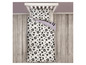 Une housse de couette blanche avec un motif noir de crânes, d'oiseaux et d'autres motifs gothiques.