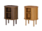 Deux tables d'appoint rondes en bois avec portes à lattes et étagères, une marron foncé et une marron clair.