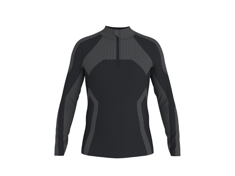 Haut de sport noir à manches longues avec détails rayés gris et fermeture éclair.