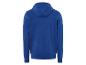Un sweat-shirt à capuche bleu à manches longues.