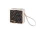 Enceinte portable couleur ivoire avec un cadre doré et une grille de haut-parleur noire.