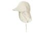 Chapeau de soleil beige clair avec protège-nuque et liens sous le menton, en tissu froissé.
