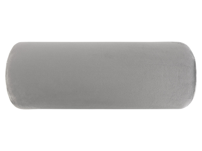 Un coussin gris en forme de cylindre.