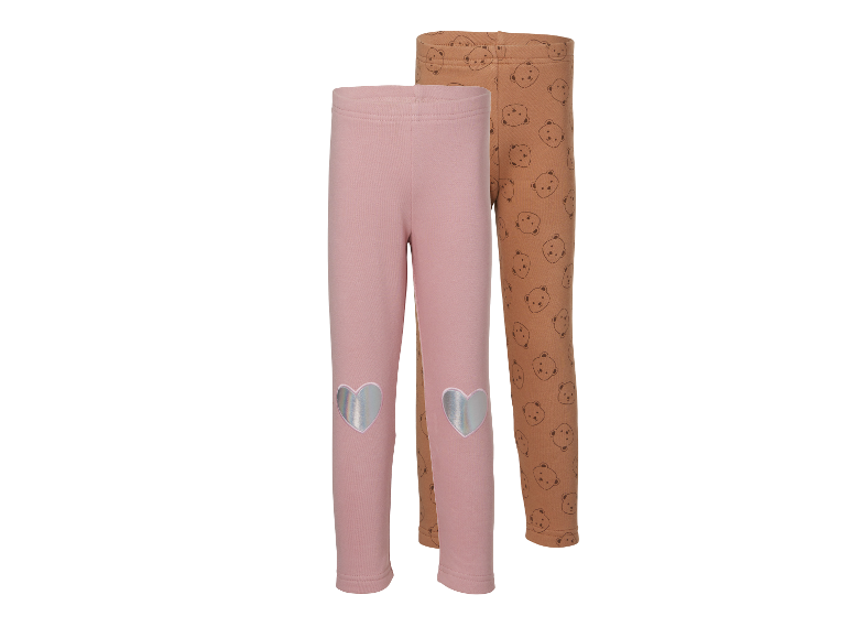 LUPILU® Leggings thermiques enfant, 2 pièces, en rose avec cœurs et marron avec oursons.