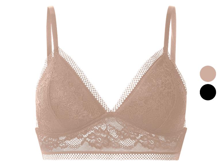Bralette en dentelle beige à fines bretelles, avec échantillons de couleur beige et noir.